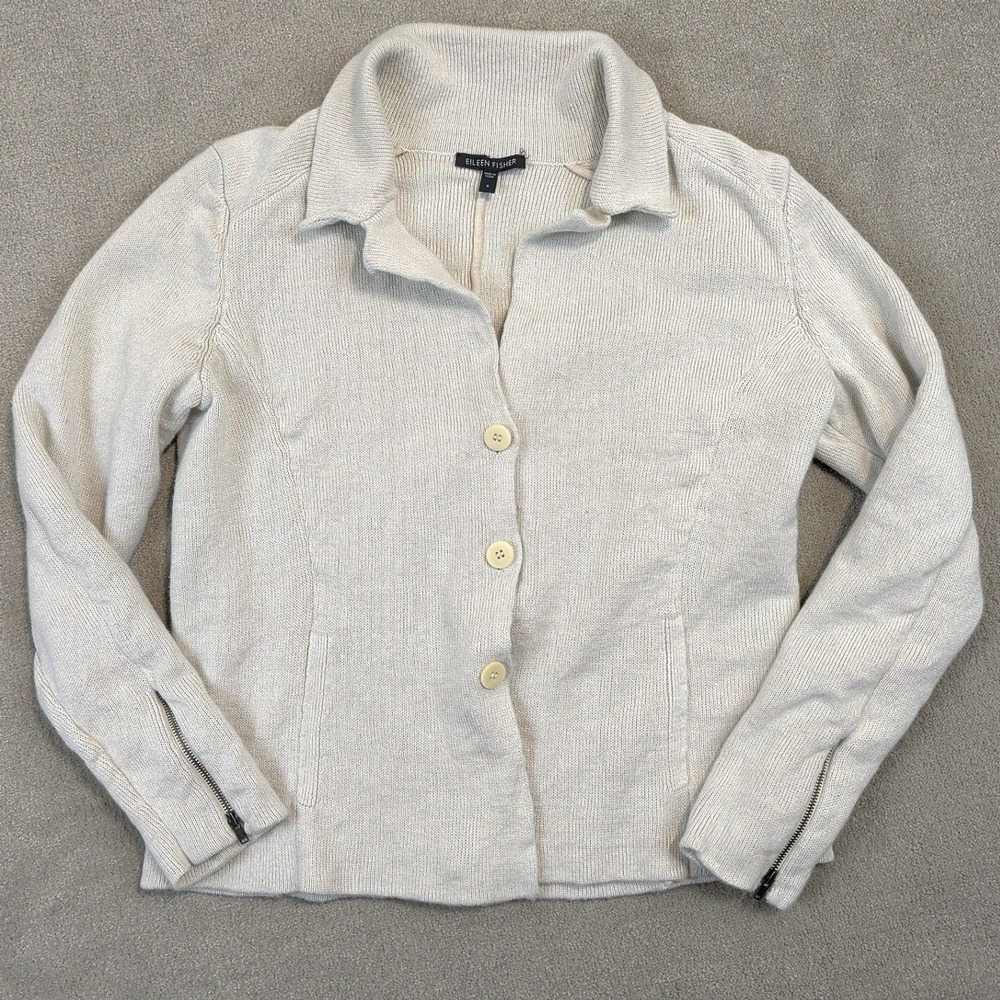 Eileen Fisher Cardigan Sweater Womens Small Beige Metallic Cotton Zip Cuff Rib